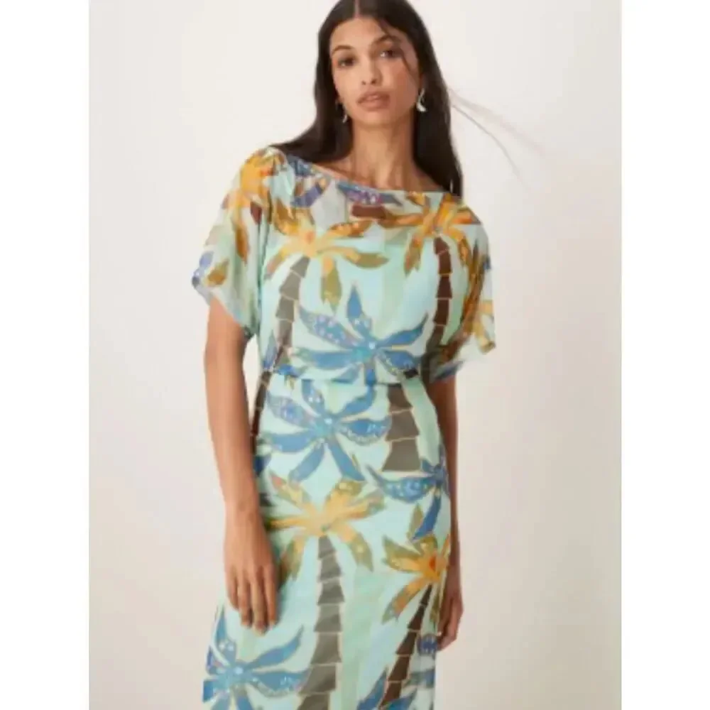 Never Fully Dressed Tilly off asymmetric mesh maxi dress in blue palm print New